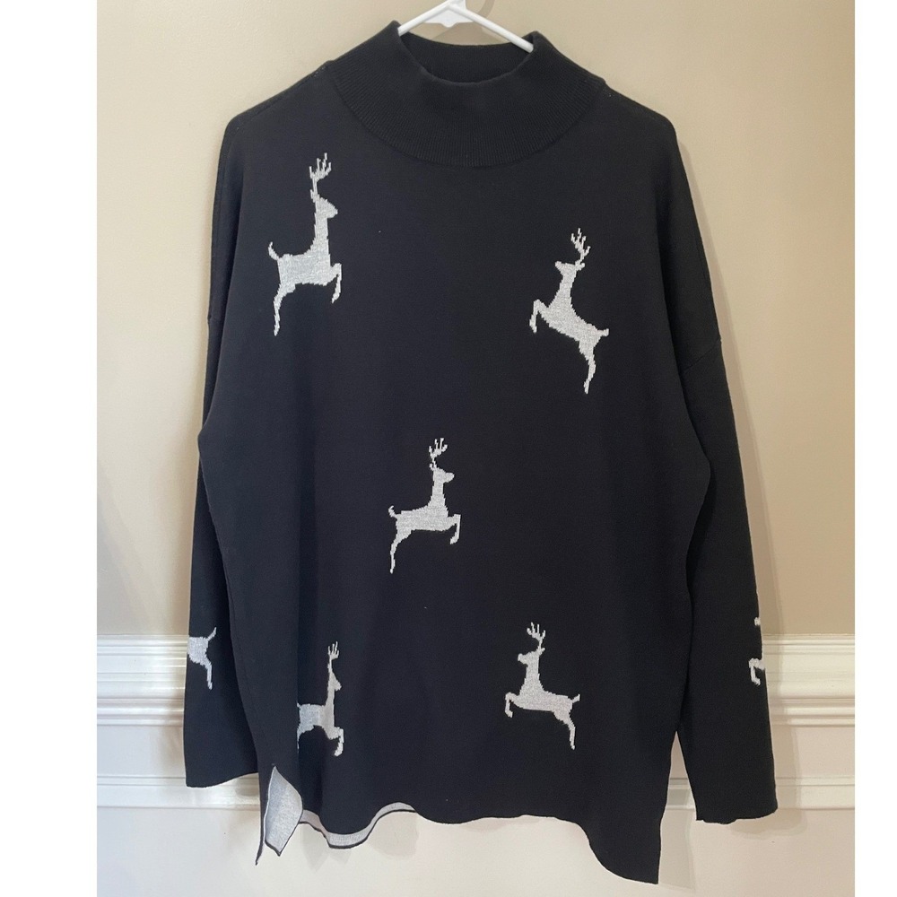 Jingle Belles by Kim Gravel Reindeer Tunic Sweater Black White Mock Neck Size L